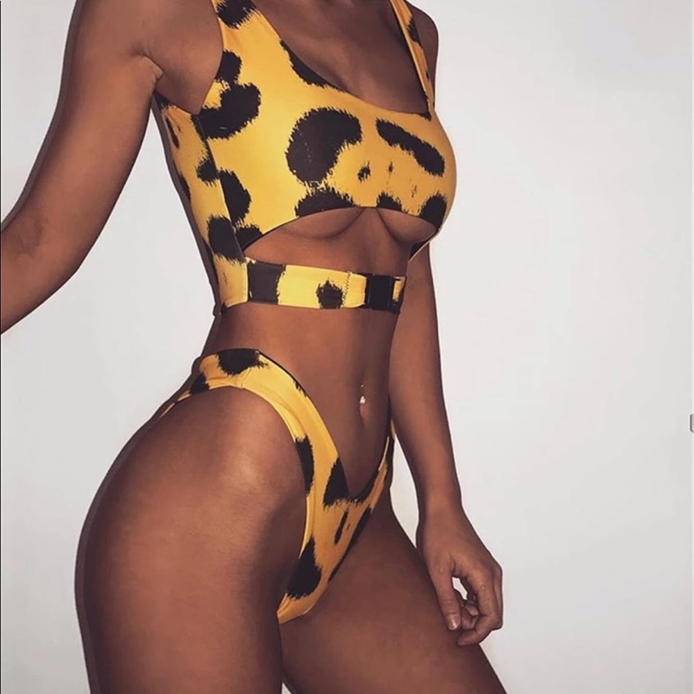 Yellow and black animal print two piece swim set